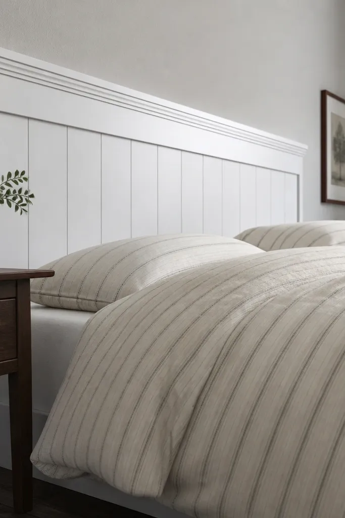 White headboard with horizontal chair-rail trim and vertical panel sections