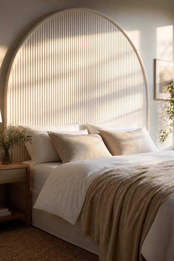 White headboard with an arched top and curved rib lines