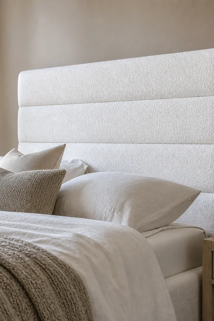 White boucle headboard with subtle horizontal channel lines