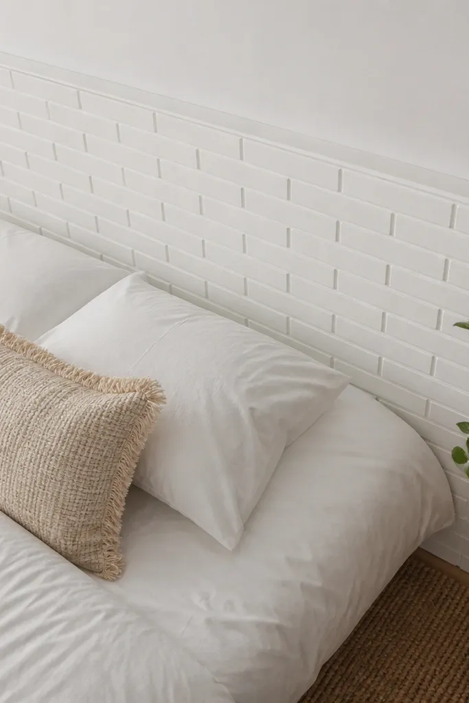 White headboard with faux brick pattern panels