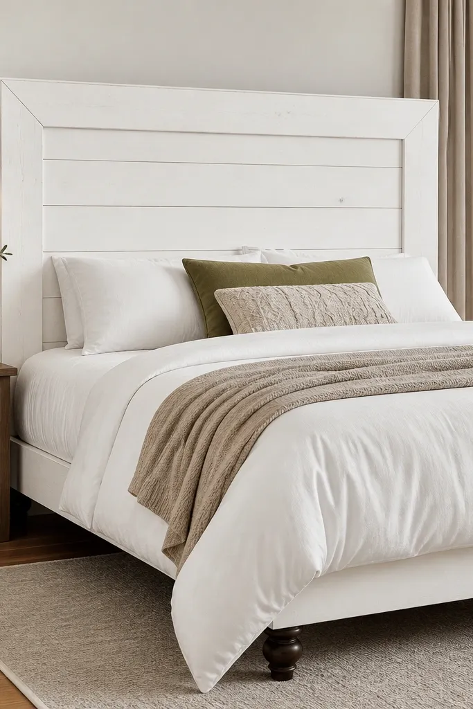 White headboard with a thick frame and lighter panel interior