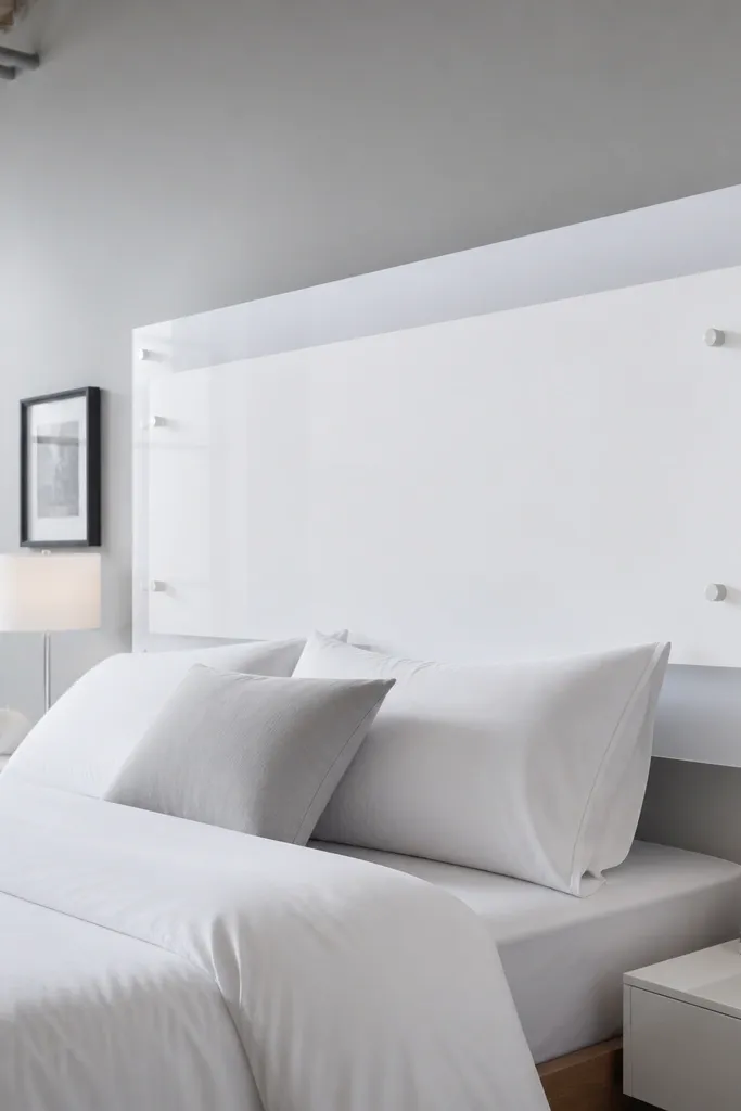 White layered headboard with see-through spacing and standoff hardware