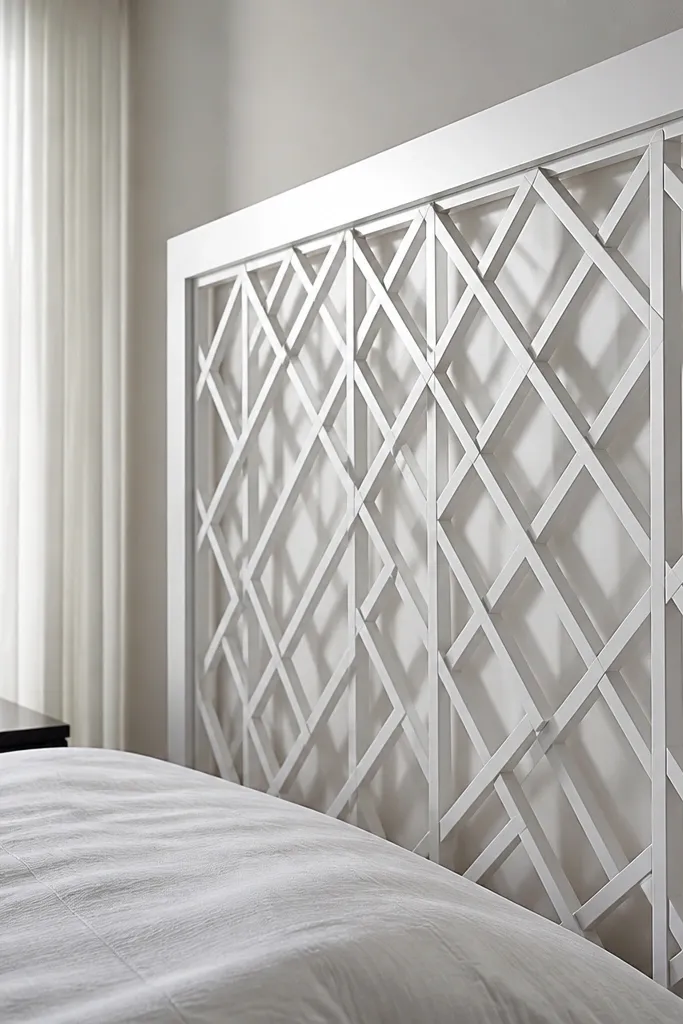 White geometric lattice headboard with crisscross pattern