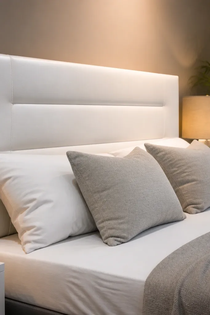 White faux leather headboard with straight horizontal seam lines