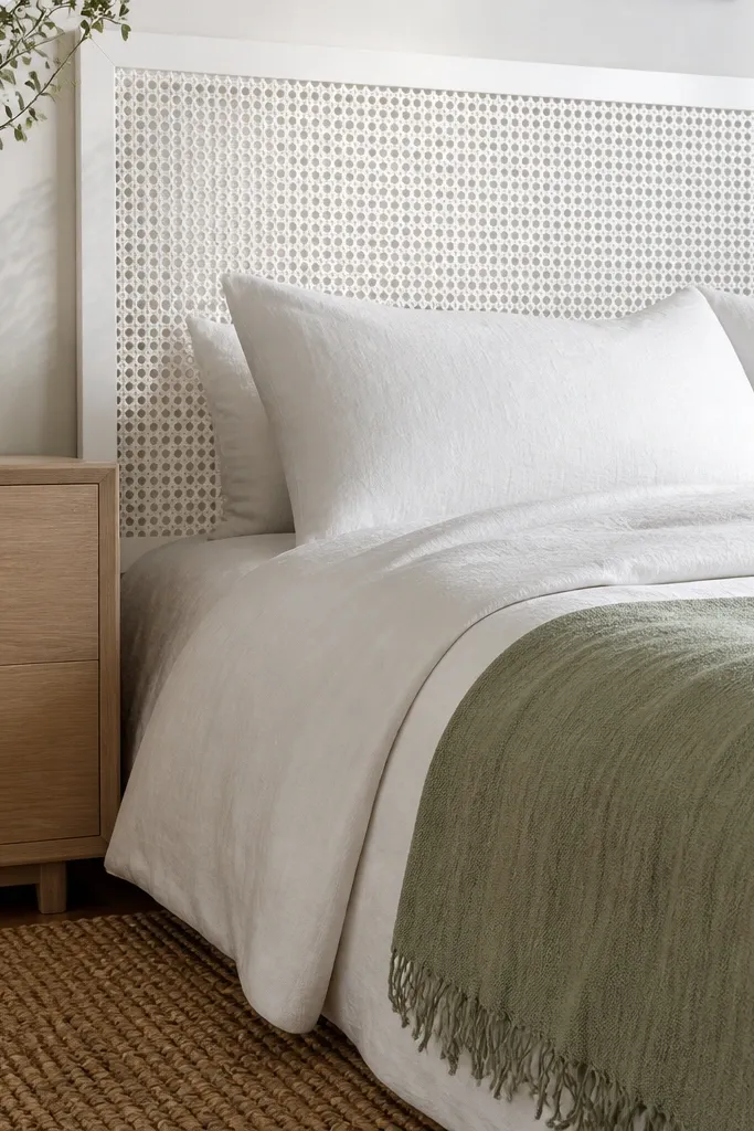 White headboard with cane webbing pattern inside a solid frame
