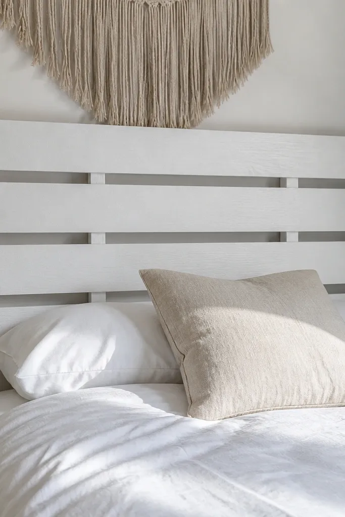 White headboard made from evenly spaced boards with a clean top edge