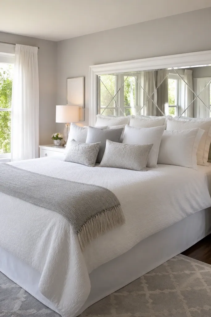 White headboard with a large mirror-like panel framed in trim