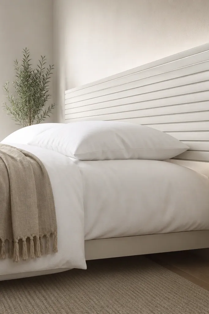 White slat headboard that looks like it floats off the wall