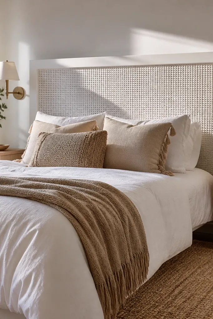 White headboard with woven rattan-style pattern inside a painted frame