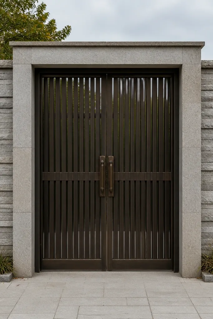 Front wall with stone cladding panels and a thick border around the gate
