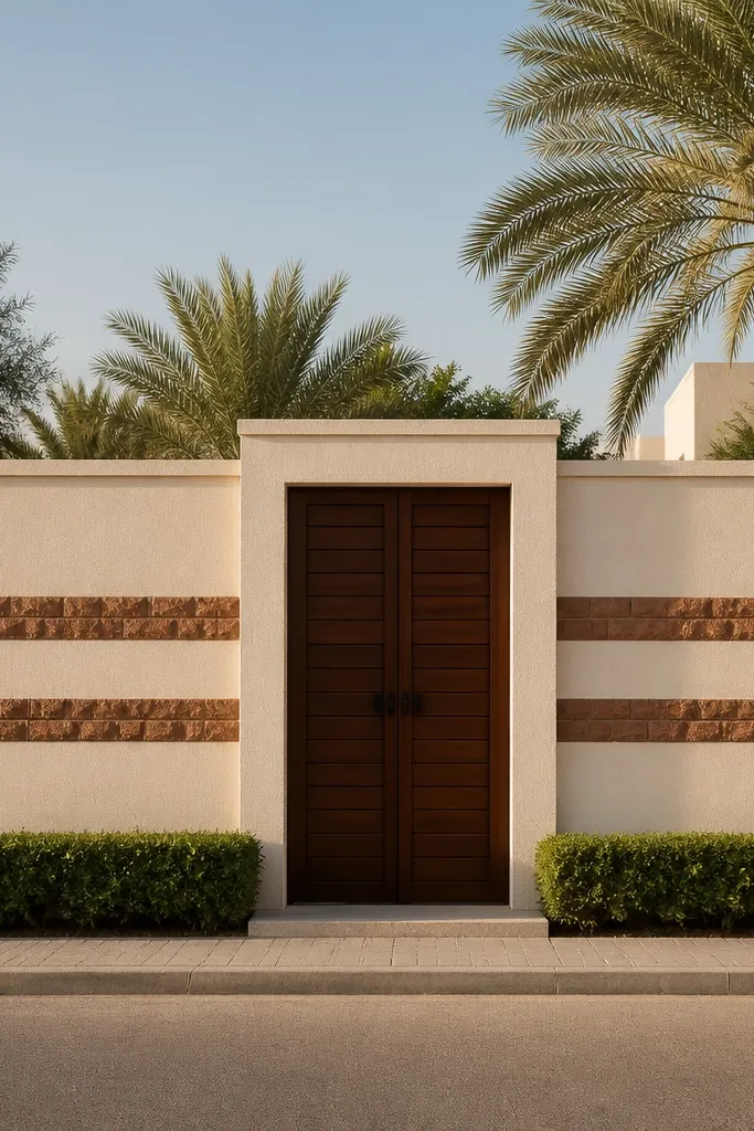 Smooth plaster wall with two horizontal brick-slip bands