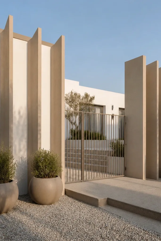 Wall with tall vertical concrete fins and sand plaster panels between