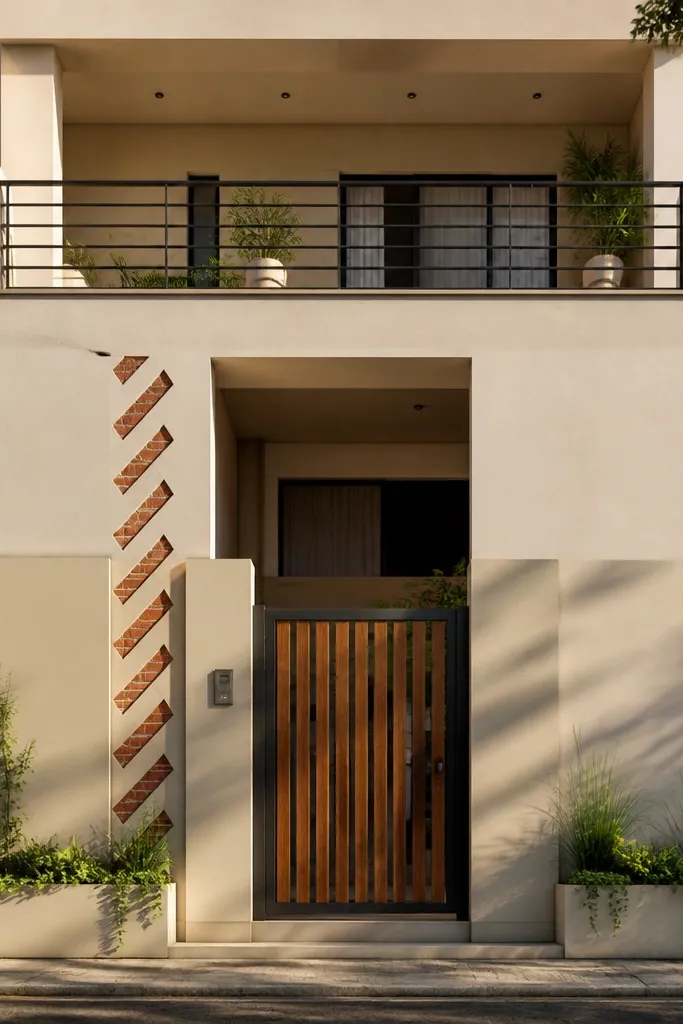 Plain plaster wall with diagonal brick accents near the gate