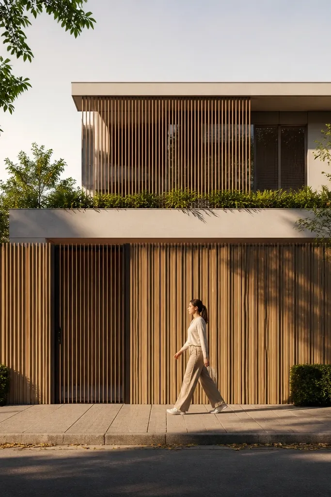 Wall with vertical slat pattern using timber-color tile strips