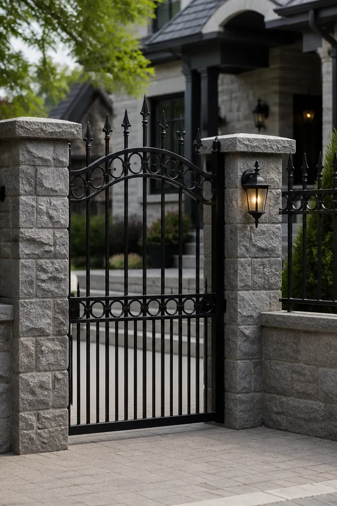Stone half wall topped with an iron fence frame