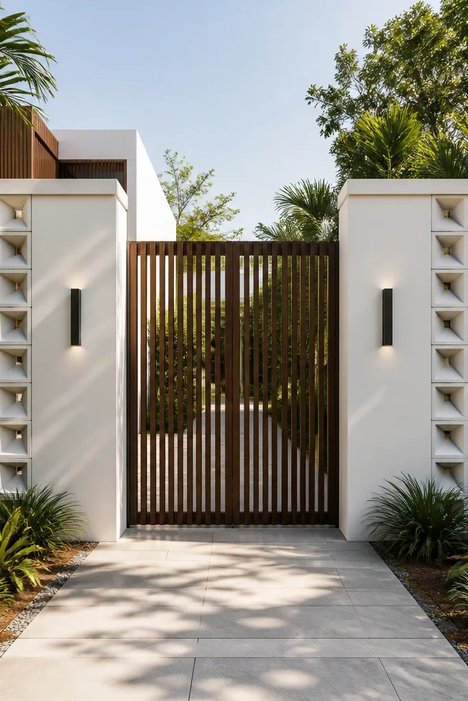 White plaster wall with geometric cut-block columns near the corners