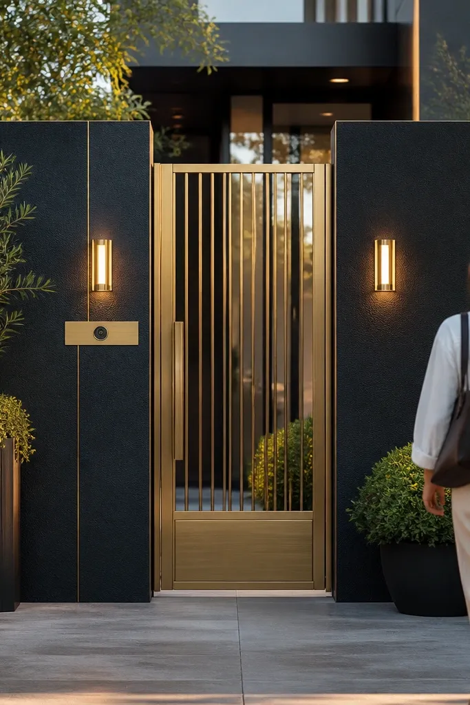 Dark gray wall with thin brass-colored trim lines forming panels