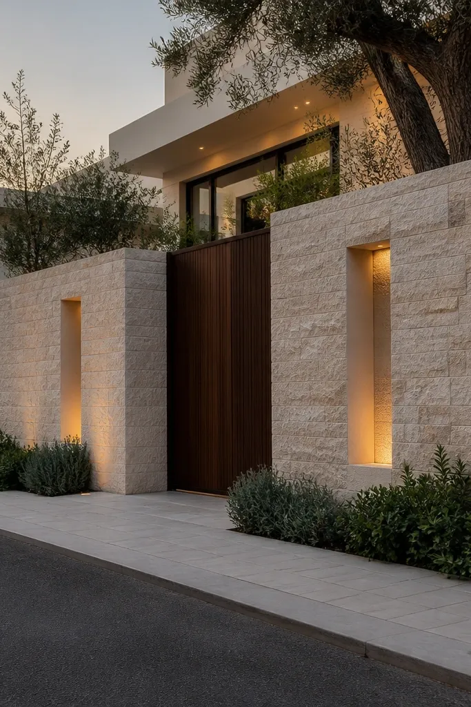Limestone-look wall with recessed niches for lights near the gate