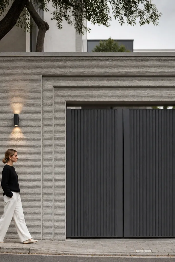 Wall with raked texture plaster and thin border lines around panels