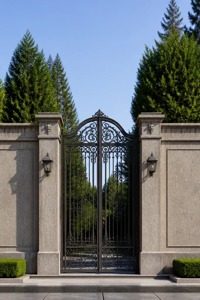 Symmetrical wall with two main panels split around the centered gate