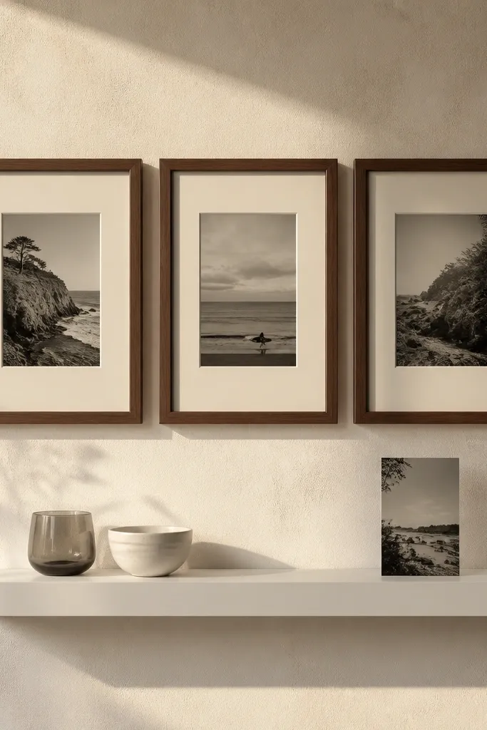 Three matching frames above a single floating shelf with neutral decor