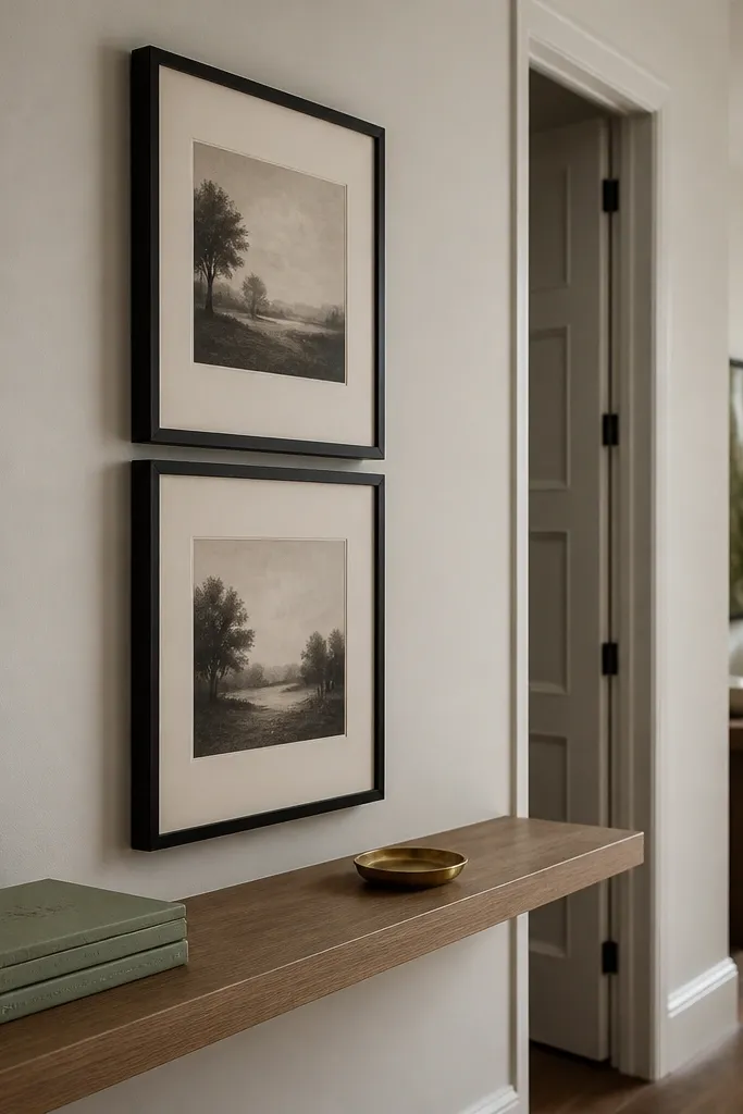 Long shelf beneath two vertically stacked frames with books and a small plant