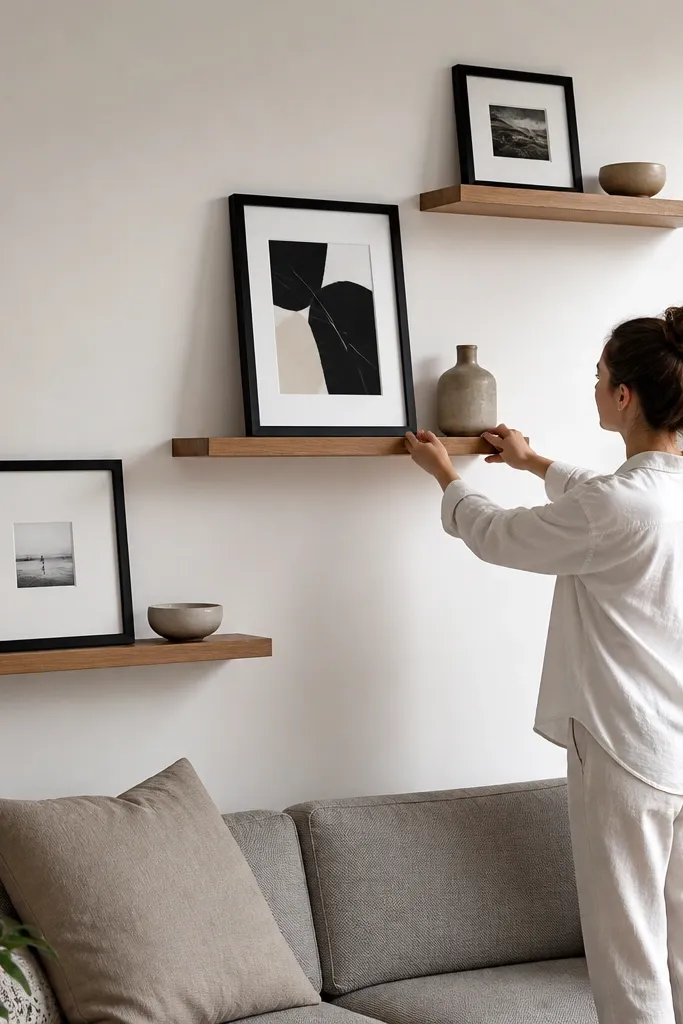 Three shelves staggered up a wall with different-sized frames around them