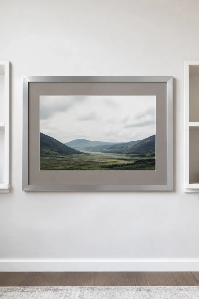 Two shelves with a large wide frame centered between them