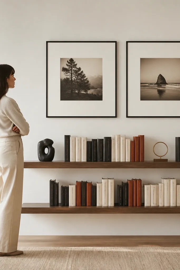 Two matching shelves with books and small framed prints arranged symmetrically