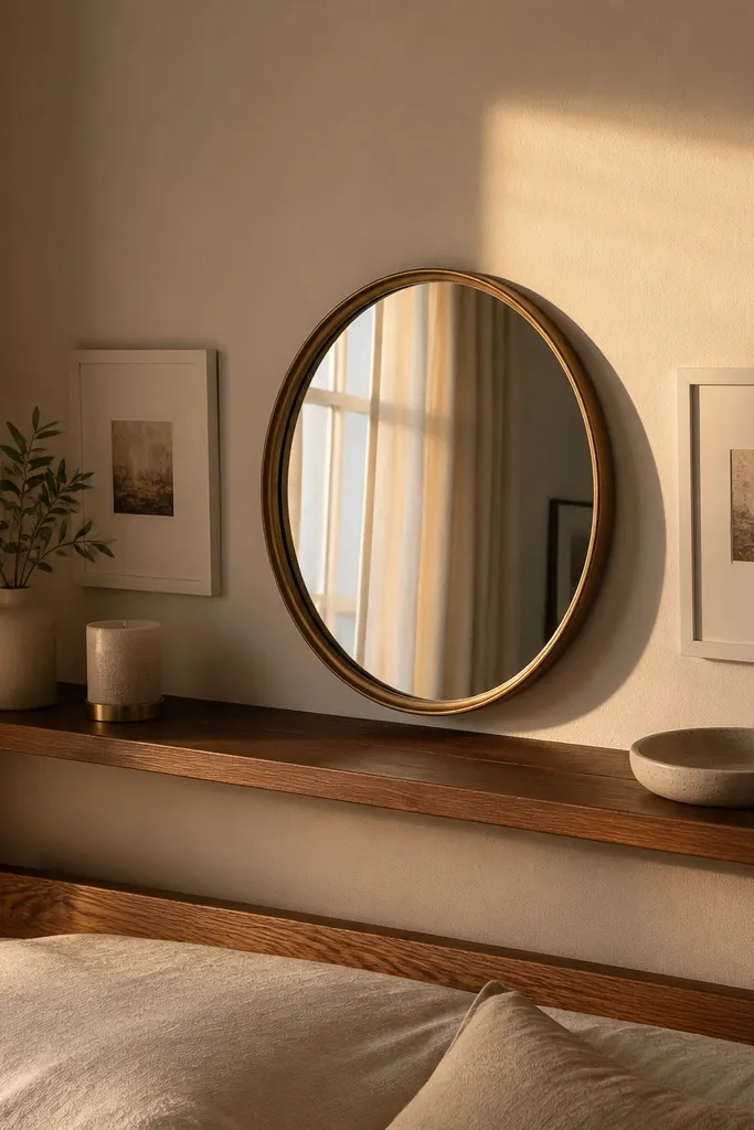 Round mirror above a shelf with candles and a small tray