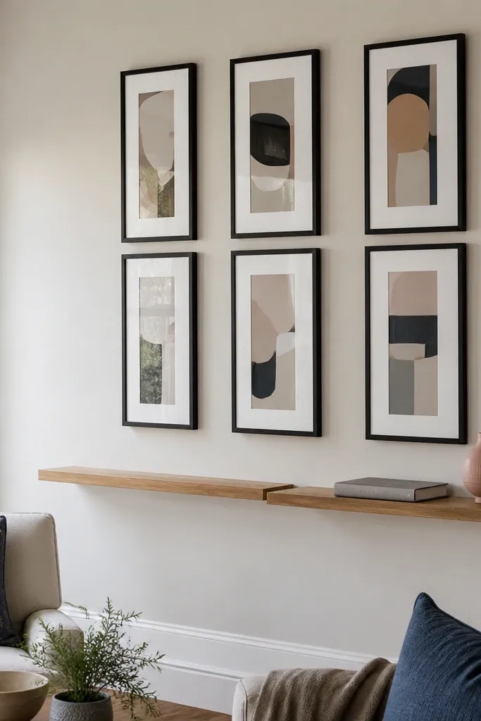 Many narrow frames in a grid with one staggered shelf beneath