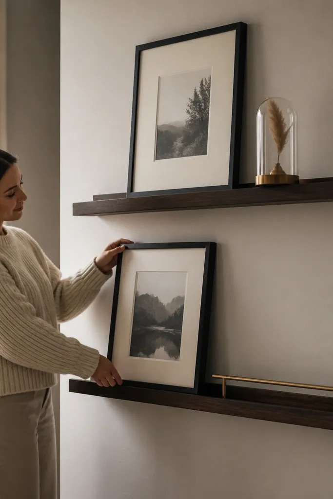 Two stacked shelves with frames leaning or mounted in front