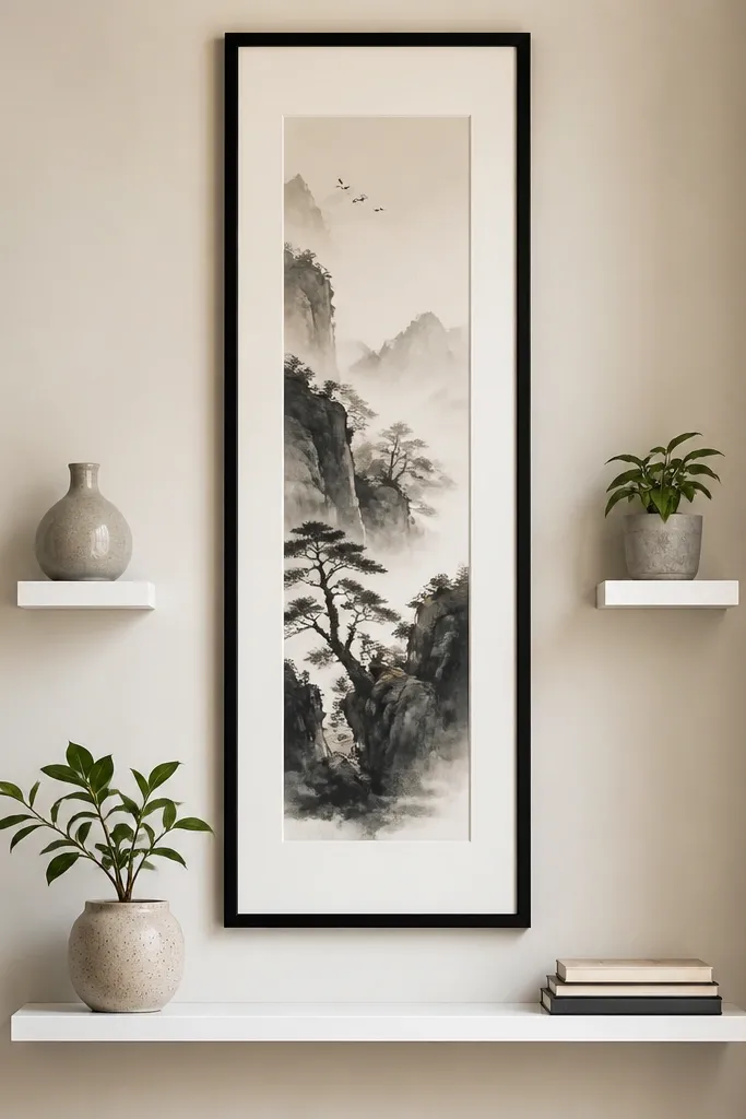 Tall art piece centered with a shelf below and two small shelves on sides