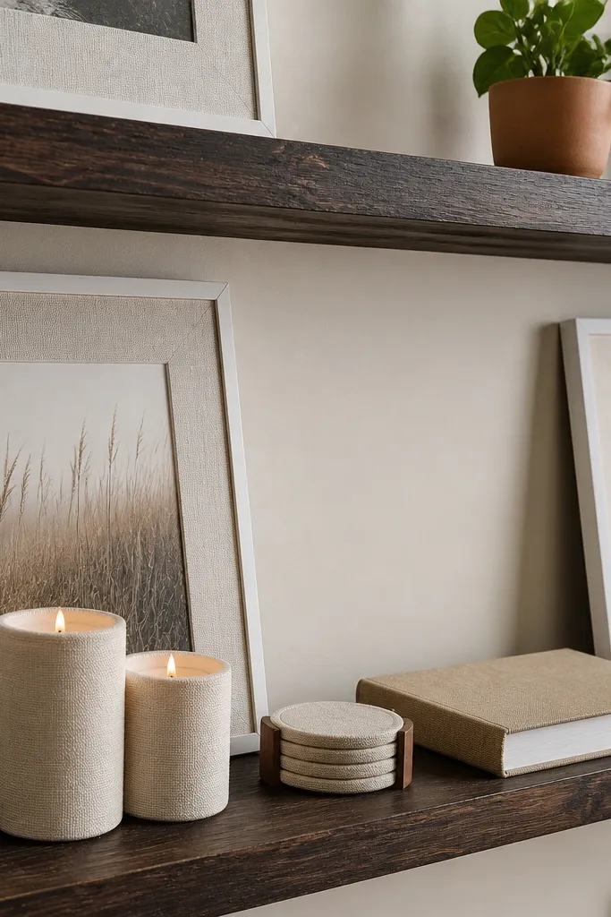 Dark wood shelves holding linen-texture decor with light frames on the wall