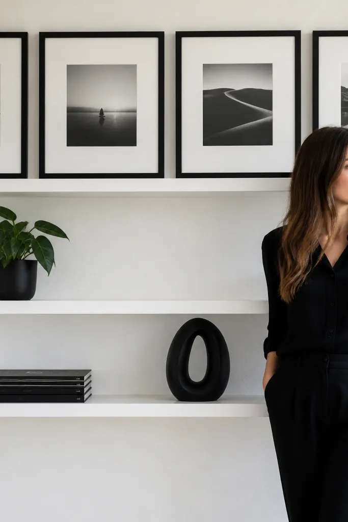 White shelves with black frames and minimal decor arranged in a clean grid