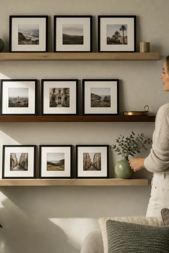 Different shelf lengths with matching frames above and a balanced decor lineup