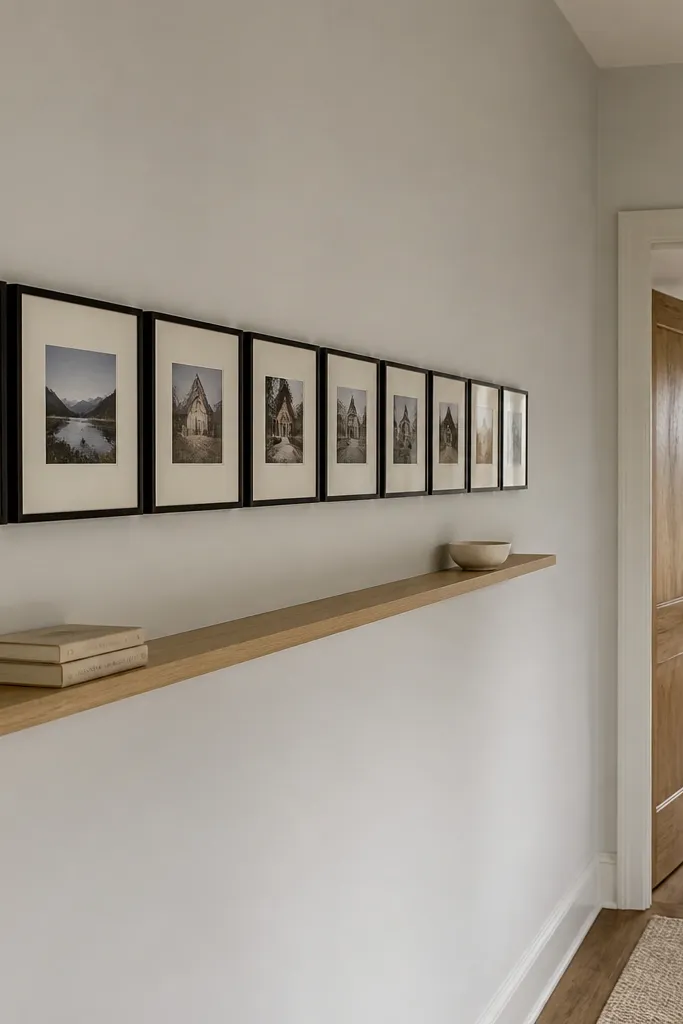 Horizontal row of small frames with one shelf below and a tidy tray