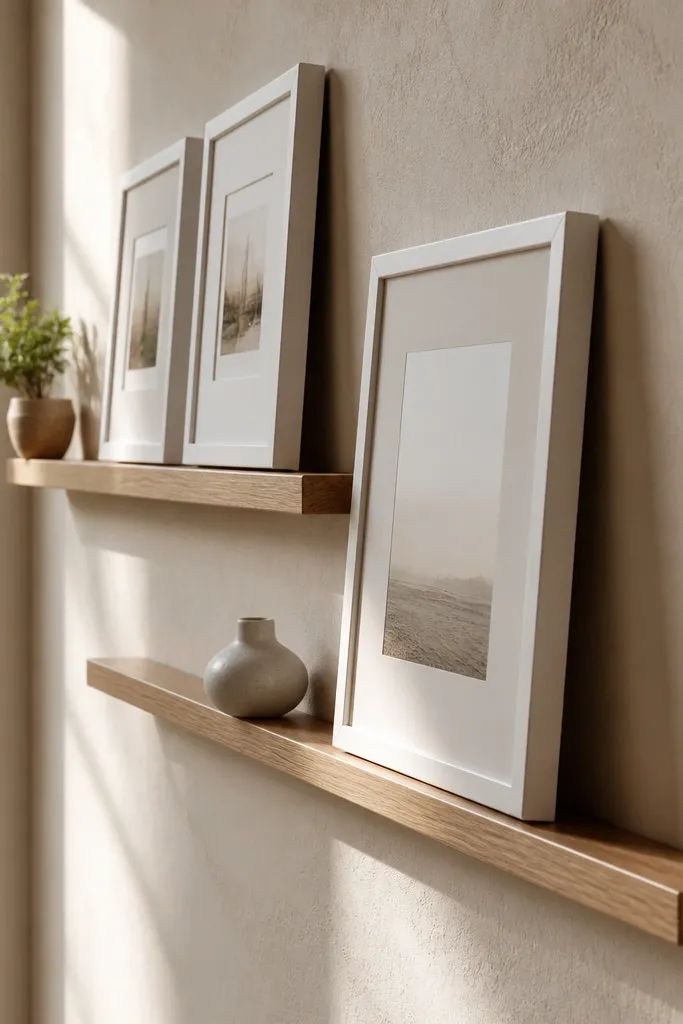 Slim ledge shelves with frames arranged above for a recessed gallery feel