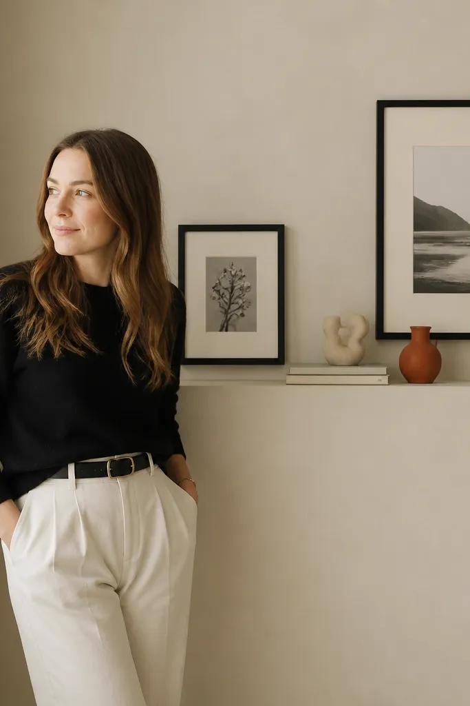 Shelves in a wall-matched color with framed art and small decor objects