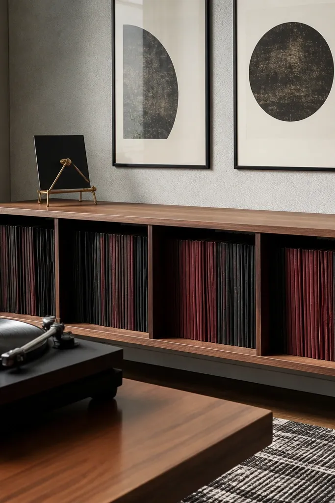 Shelf with vinyl records and a few framed typography prints above
