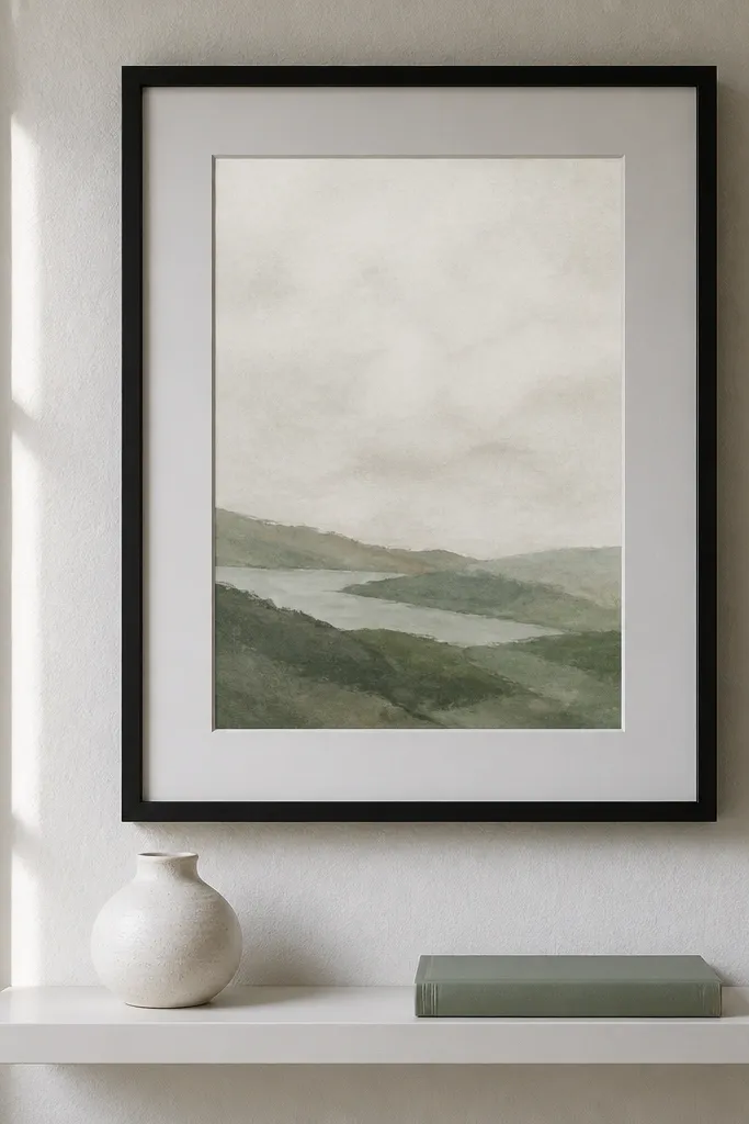 One oversized framed print with a single shelf below and minimal decor