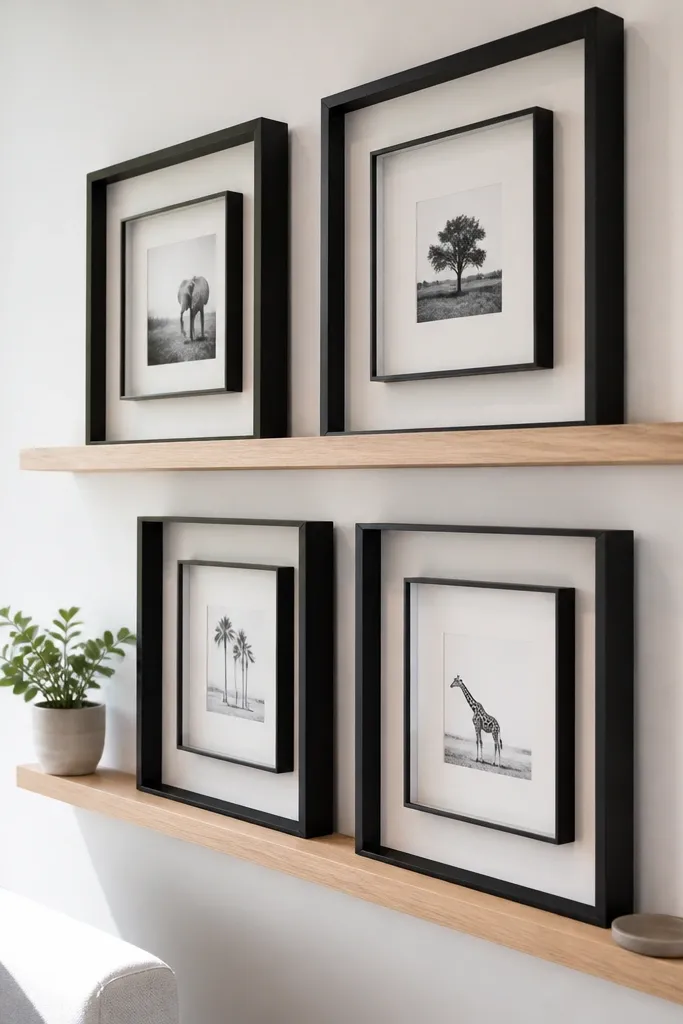 Two-tier ledge shelves with framed photos in a shadow-box look
