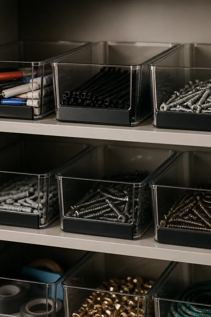 Inside a garage cabinet, multiple clear bins with a black front lip line the shelves. Paint markers, zip ties, and small screws are visible through the clear sides. Each bin has a label on the lip. The cabinet interior is warm gray-beige, not white.