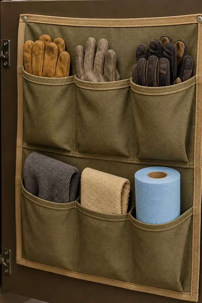 A cabinet door has pockets made from thick canvas fabric. Inside the pockets are folded work gloves, a few microfiber rags, and a small roll of shop towels. The fabric is a muted olive with tan trim. The pockets look sewn, not sticky.