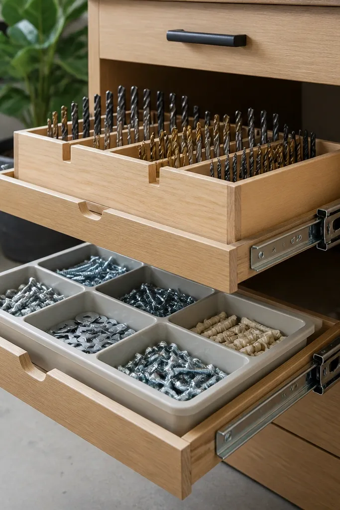 A cabinet has two pull-out trays on metal slides. The top tray holds a labeled organizer for drill bits. The bottom tray has a shallow bin with kid-safe parts like screws (large gauge), washers, and plastic dowels in separate sections.