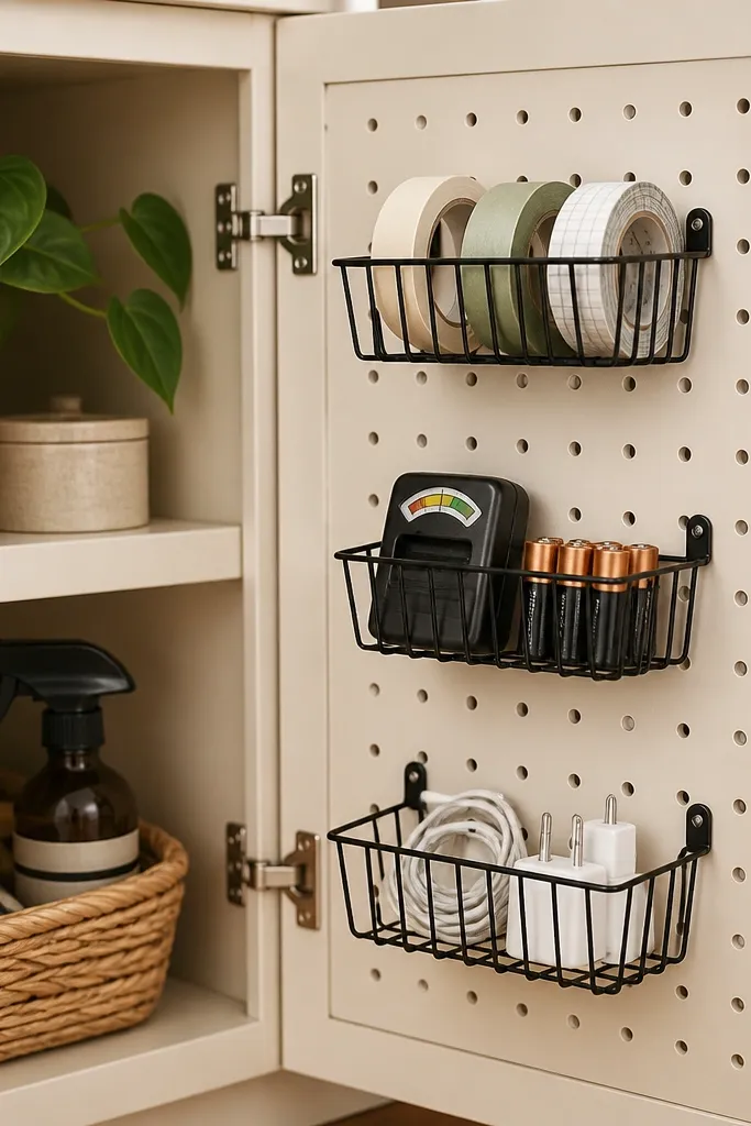 The cabinet interior has a pegboard panel on one side. Small wire bins hook onto the holes. Tape rolls, a battery tester, and phone chargers sit neatly in the wire bins. The pegboard is painted a warm off-white and the bins are matte black.