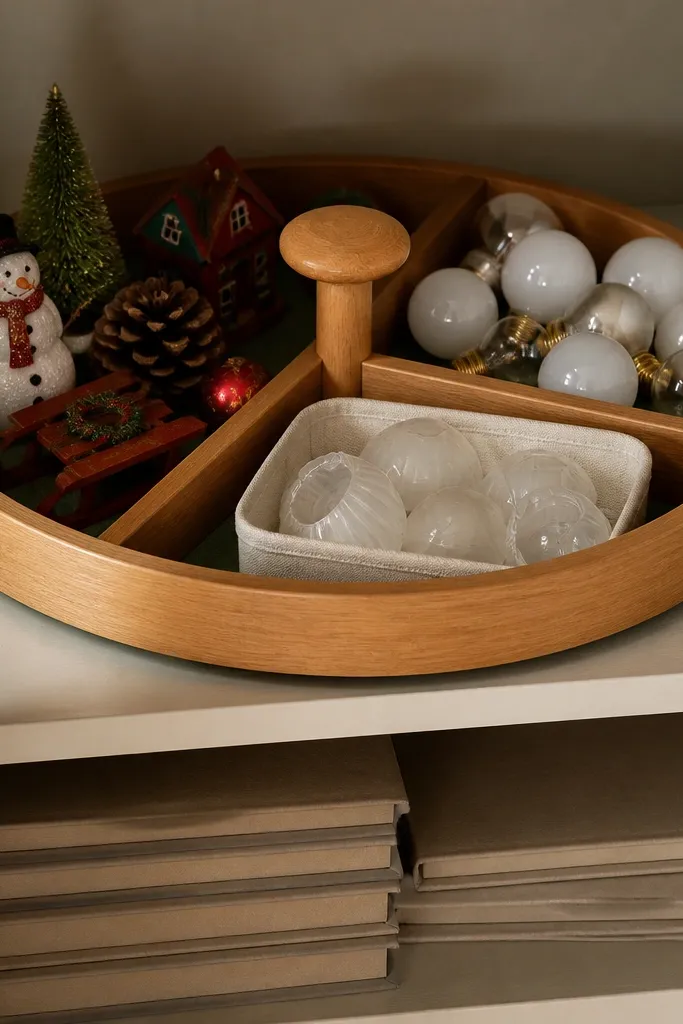 A round lazy Susan sits on a cabinet shelf. It has three sections: holiday decorations, spare bulbs, and a small bin of spare light covers. The center has a wooden knob. The shelf below holds flat, labeled folders.