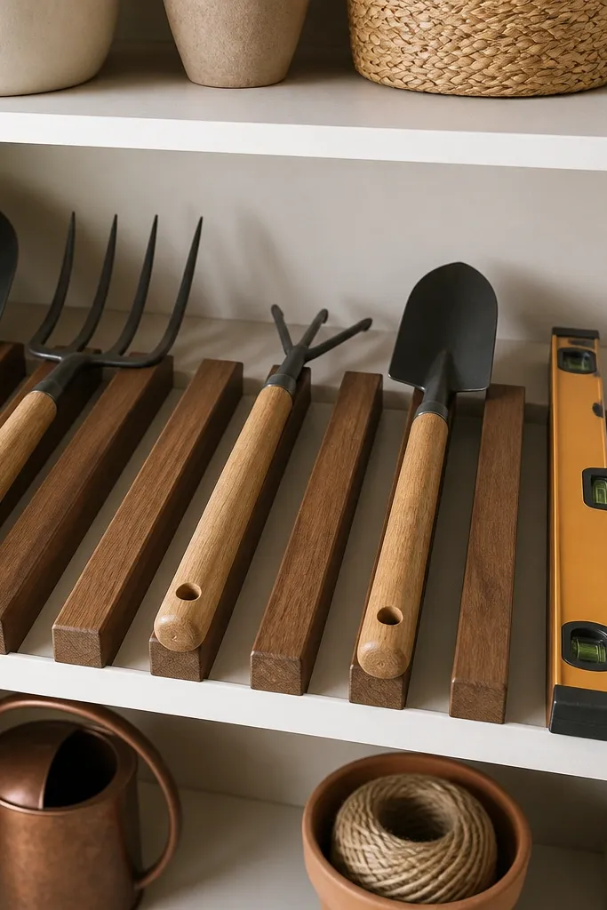 On a cabinet shelf, there are wood slat inserts spaced 1 inch apart. Long-handled tools and a level rest in the gaps without rolling. The slats are stained walnut with a satin clear coat. Everything looks neat and airy.