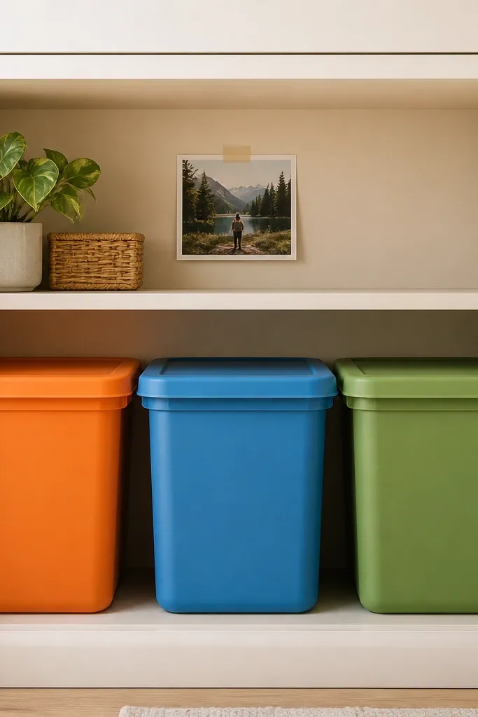 A lower cabinet section has three bright but not neon bins with matching lids: orange for "tools," blue for "parts," and green for "art supplies." Above them is a small return shelf with a photo card taped on. The cabinet interior is warm off-white.