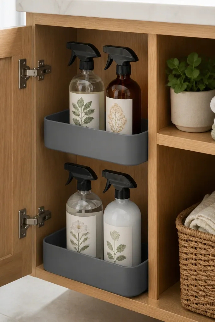 In the cabinet corner, two fitted caddies hold spray bottles upright. The caddies have soft rubber edges. The bottles face forward with labels visible. The corner looks tidy instead of squeezed.